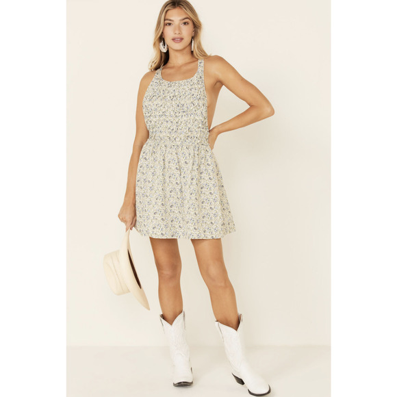 NWT Free People Petunia Floral Print Mini Dress Size S Tea Combo Open Back Boho - Picture 1 of 12